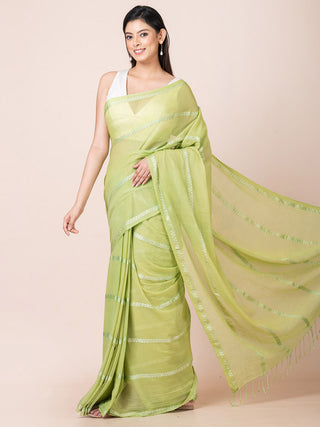 Gleam & Glam Cotton Zari Saree Green OCAU