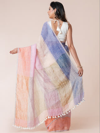 Macaron Magic Pure Linen Multicolor Saree  Without Blouse Piece