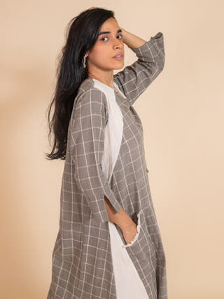 Moral Fibre  Side Kali Dress In Checks And Kora Fabric Moral Fibre Grey & Ecru