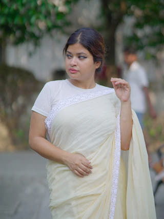 Pure cotton solid  saree with lace border  Without Blouse Piece II Beige