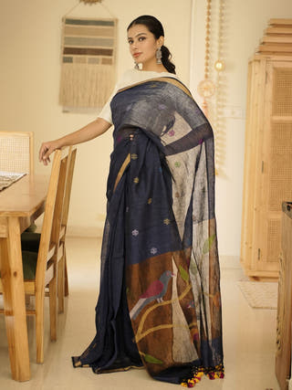 Midnight Blue Handpainted Paithani Linen Saree
