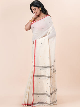 Pearl Dawn - Organic Cotton Saree With Jamdani Motifs Without Blouse Piece