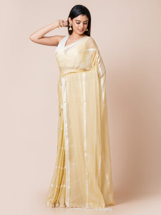 Gleam & Glam | Pure Cotton Saree With Zari Stripes |  Pastel Yellow Ocau