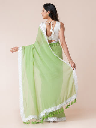 Pista Pop Pure Cotton Solid Saree With Lace Border  Without Blouse Piece
