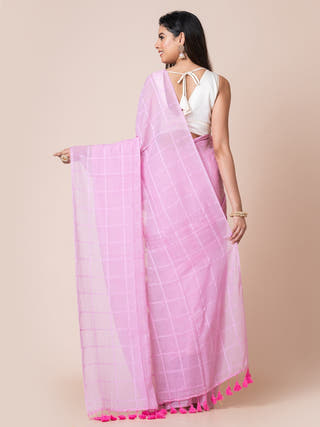 Pure Cotton Checkered Saree | Pink Ocau