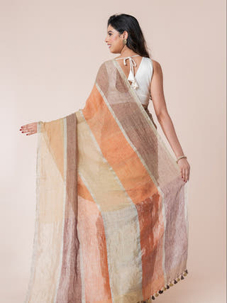 Meadow Mist Pure Linen Multicolor Saree  Without Blouse Piece
