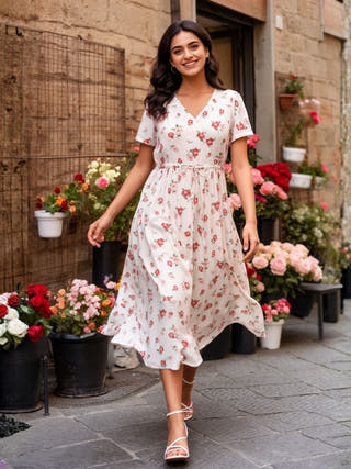 Rose White Fit and Flare Modal Midi Dress