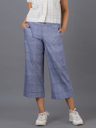 Wide Leg Solid Cropped Pant Blue Ocau