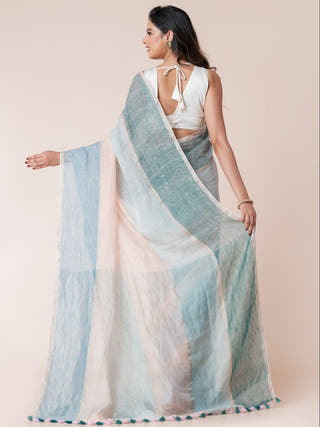 Seashell Hues Pure Linen Multicolor Saree  Without Blouse Piece