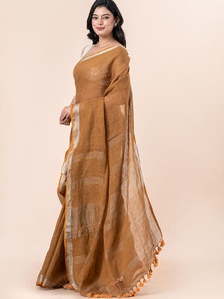 Terra Mocha - Pure Linen Saree With Zari Border Without Blouse Piece