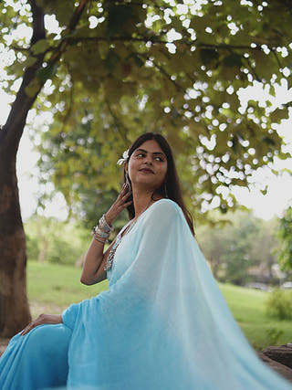 Pure Cotton Solid Shaded Saree Without Blouse Piece II Blue