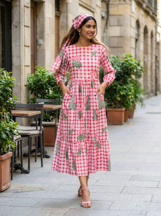 Ella Pink Checked A-line Cotton Midi Dress