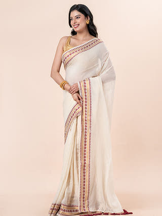 Golden Wishper - Pure Cotton Saree With Kanchi Border Without Blouse Piece