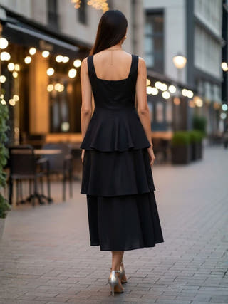 Nina Black Frilled Cotton Midi Dress