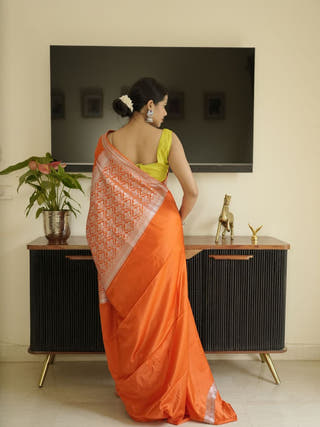 Orange Banarasi Silk Saree With Zari Border