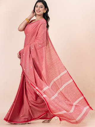 Powder Rose - Organic Cotton Saree With Jamdani Motifs Without Blouse Piece