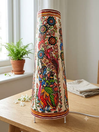 Hand Painted Radha Krishna Leather Floor Lamp - Multicolor