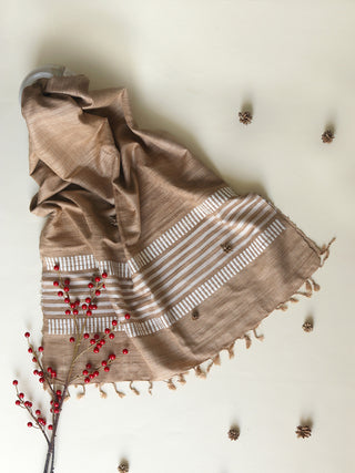 Silk Scarf With White Striped Border In Brown Arras