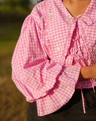 Raya Pink & White Checks Cotton Tops