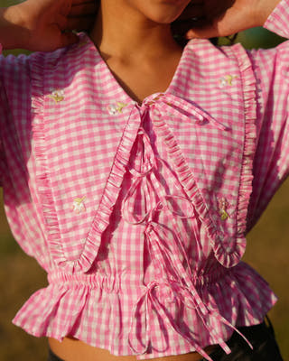 Raya Pink & White Checks Cotton Tops