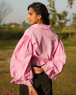 Raya Pink & White Checks Cotton Tops