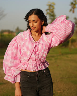 Raya Pink & White Checks Cotton Tops