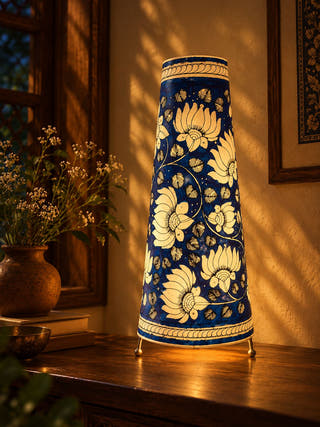 Lotus Hand Painted Leather Table Lamp - Blue