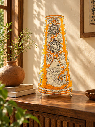 Fish And Floral Tholu Bommalata Table Lamp - Yellow
