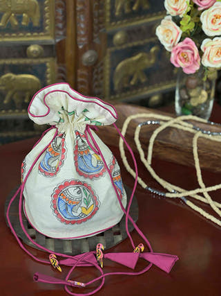 Madhubani Handpainted Silk Potli Pink Tassel