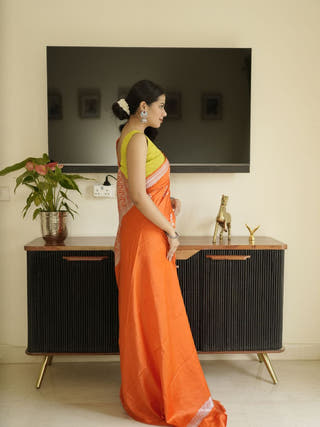 Orange Banarasi Silk Saree With Zari Border