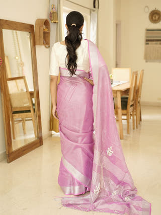 Cosmic Pink Linen Saree with Zardosi Embroidery