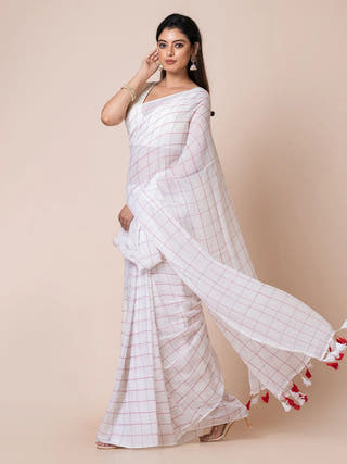 Pure Cotton Red Checkered Pattern Saree Without Blouse Piece