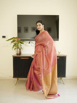 Orange Tissue Linen Saree With Golden Zari Pallu