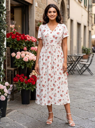Rose White Fit and Flare Modal Midi Dress