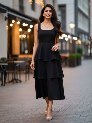 Nina Black Frilled Cotton Midi Dress
