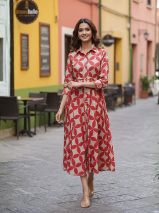 Blair Red Button-down Circular Midi Dress