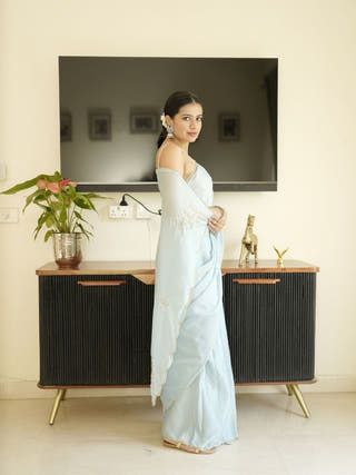 Blue Georgette Saree With Hand Zardoshi Work