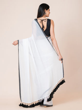 Pure cotton solid saree with contrast border and contrast tassels l White Ocau