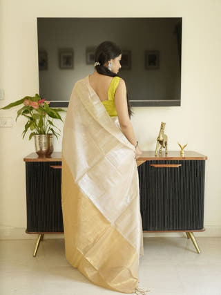 Ivory & Gold Glass Tissue Silk Saree
