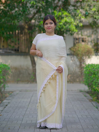 Pure cotton solid  saree with lace border  Without Blouse Piece II Beige
