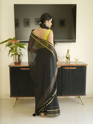 Black Mul Cotton Saree With Zari Stripes
