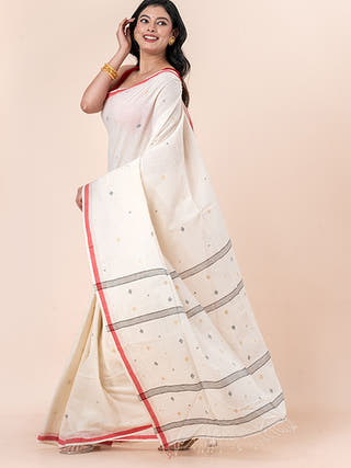 Pearl Dawn - Organic Cotton Saree With Jamdani Motifs Without Blouse Piece