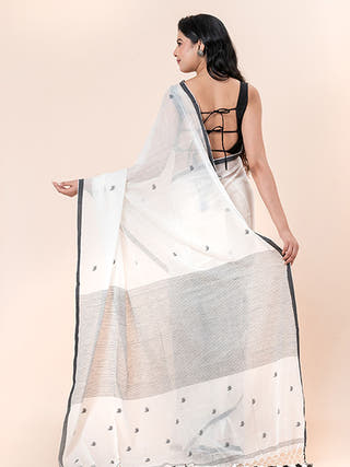 Ivory Bloom - Pure Cotton Saree With Jamdani Motifs Without Blouse Piece