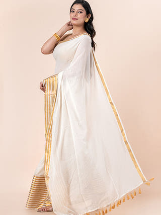 Hema - Pure Cotton Saree With Zari Border Without Blouse Piece