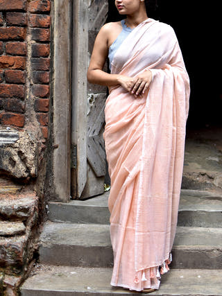 Pure Cotton Saree Golden Stripes Beige OCAU