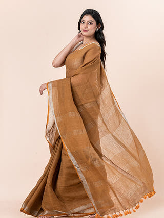 Terra Mocha - Pure Linen Saree With Zari Border Without Blouse Piece