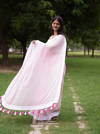 Gulabi Grace Pure Cotton Solid Saree With Lace Border Without Blouse Piece