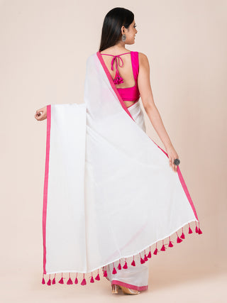 Pure cotton solid saree with contrast border and contrast tassels White Ocau