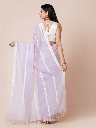 Gleam & Glam | Pure Cotton Saree With Zari Stripes | Lavender Ocau