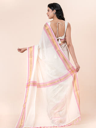 Vanilla Bloom - Pure Cotton Saree With Zari Border Without Blouse Piece